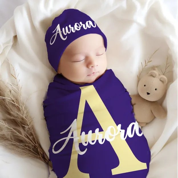 Personalized Multicolor 100% Cotton Flower Initials Swaddle and Bonnet Set Newborn Baby Christening Birthday Gift