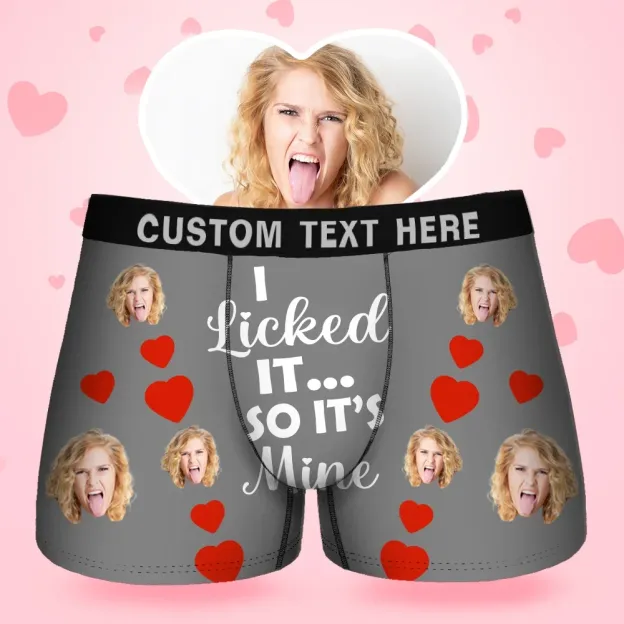 Custom Face Men's Boxer I Licked It Style Underwear, Birthday Gifts for Husband, Waistband Text Boxer Gift