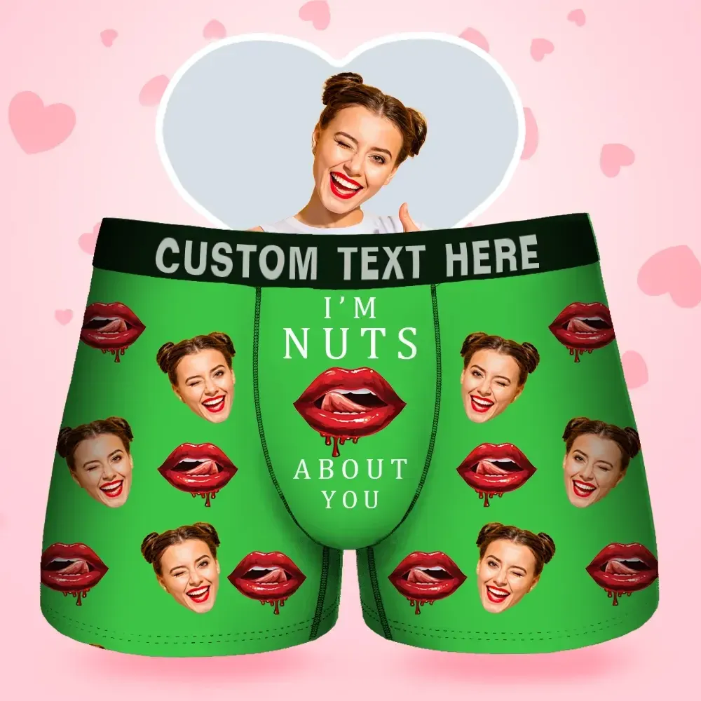 Custom Face Men's Boxer I'M Nuts About You For Boyfriend Style Underwear, Birthday Gifts for Husband, Waistband Text Boxer Gift