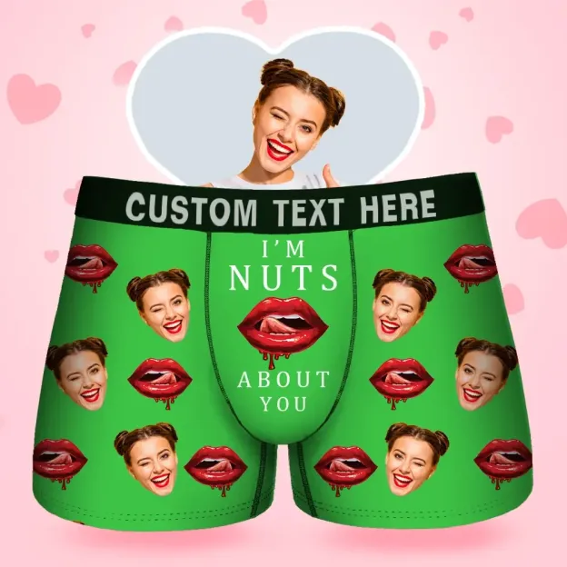 Custom Face Men's Boxer I'M Nuts About You For Boyfriend Style Underwear, Birthday Gifts for Husband, Waistband Text Boxer Gift