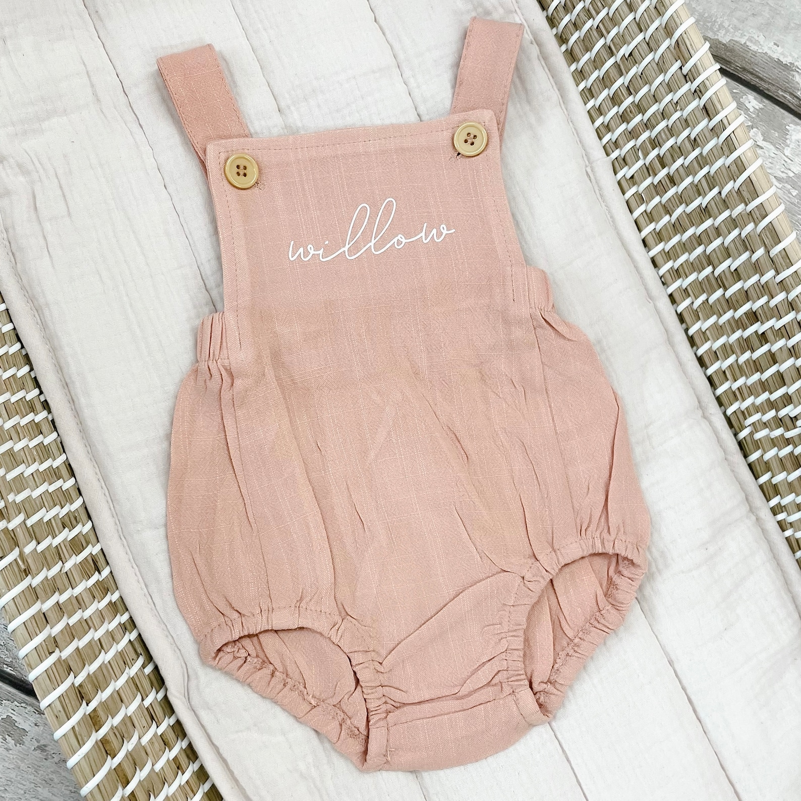 Personalised Name Baby Overalls Linen Bodysuit