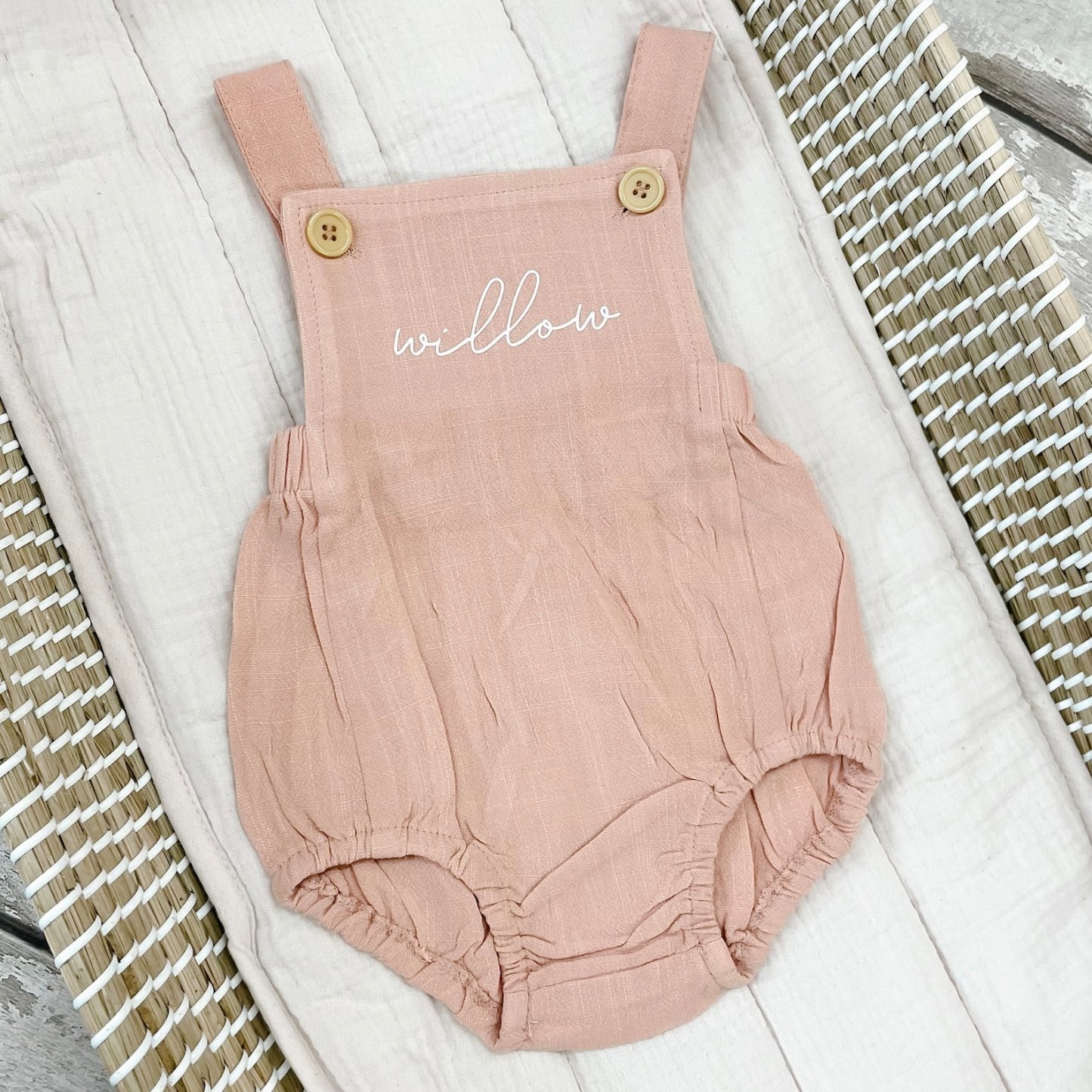 Personalised Name Baby Overalls Linen Bodysuit