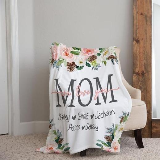 Mom We Love You, Mother's Day Gift, Christmas Present, Floral Style Blanket, Personalized Mom Gift, Personalized Gift For Grandparent,