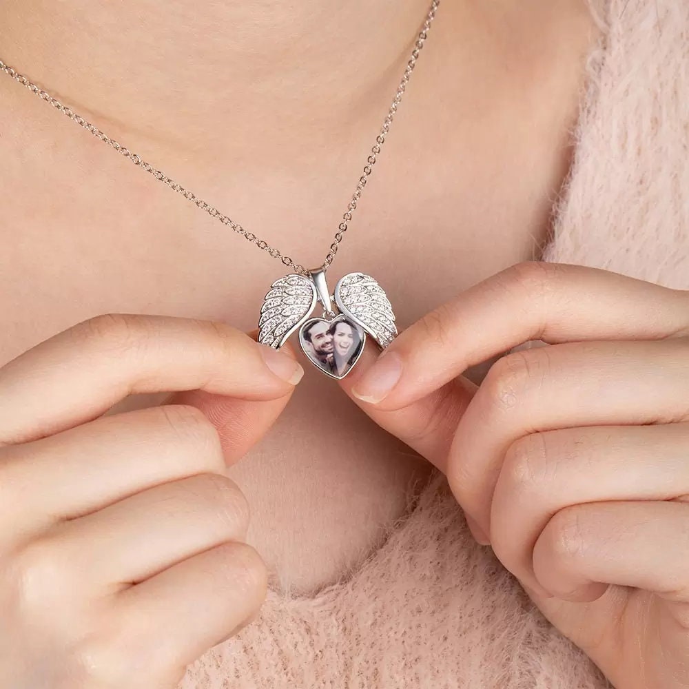 Personalized Heart Shaped Angel Wings Photo Locket Necklace Anniversary Birthday Gift for Women