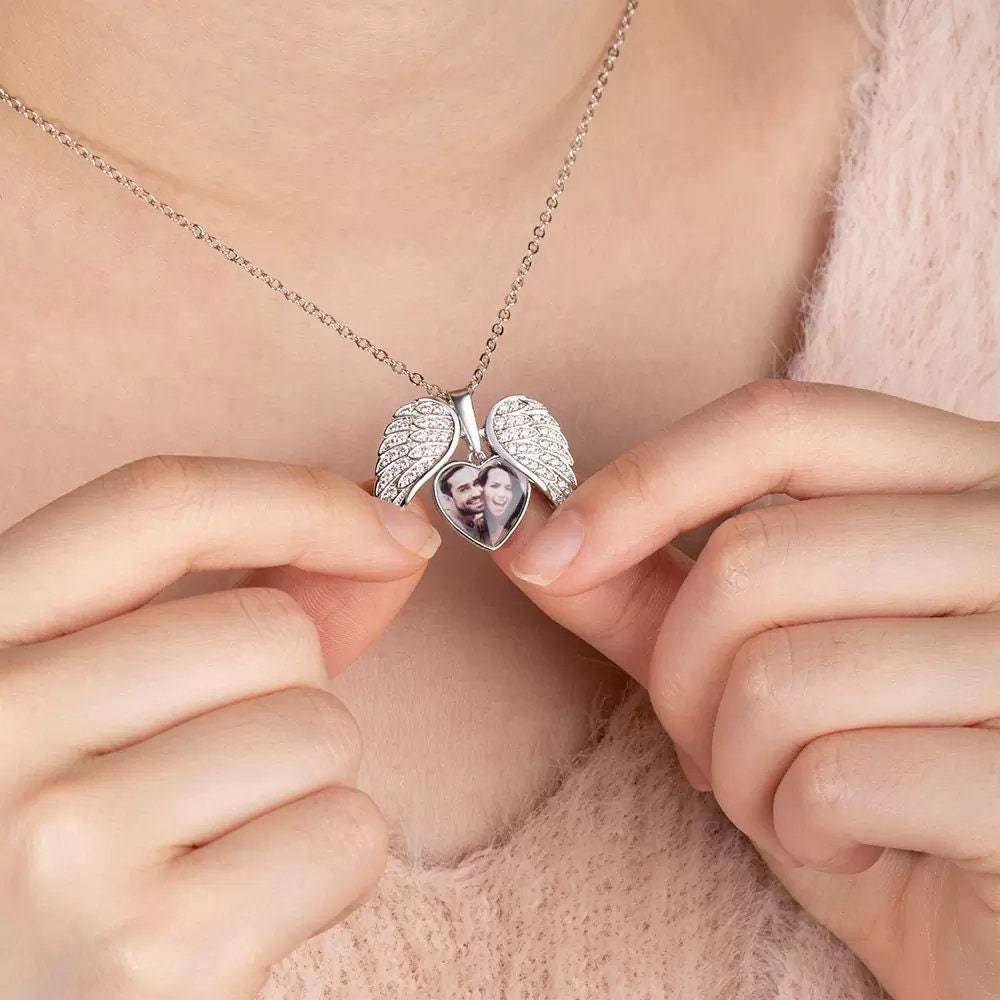 Personalized Heart Shaped Angel Wings Photo Locket Necklace Anniversary Birthday Gift for Women