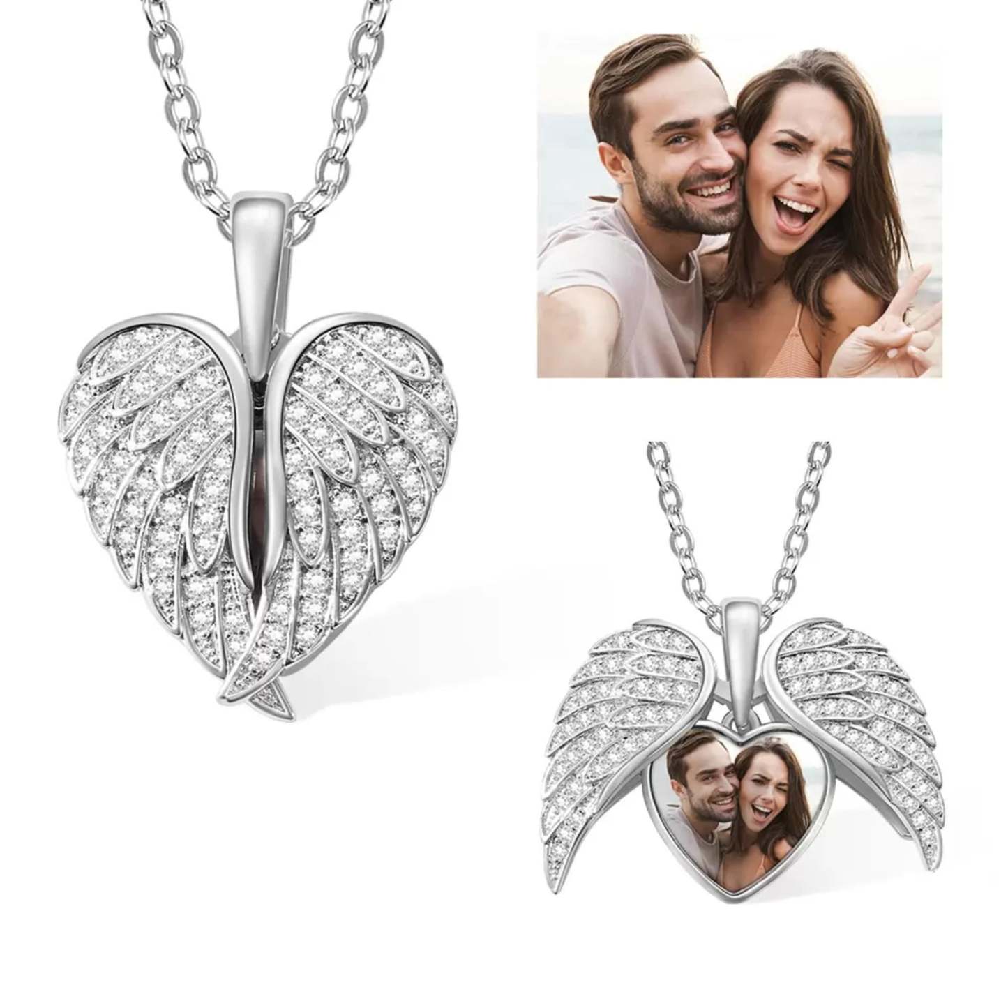 Personalized Heart Shaped Angel Wings Photo Locket Necklace Anniversary Birthday Gift for Women