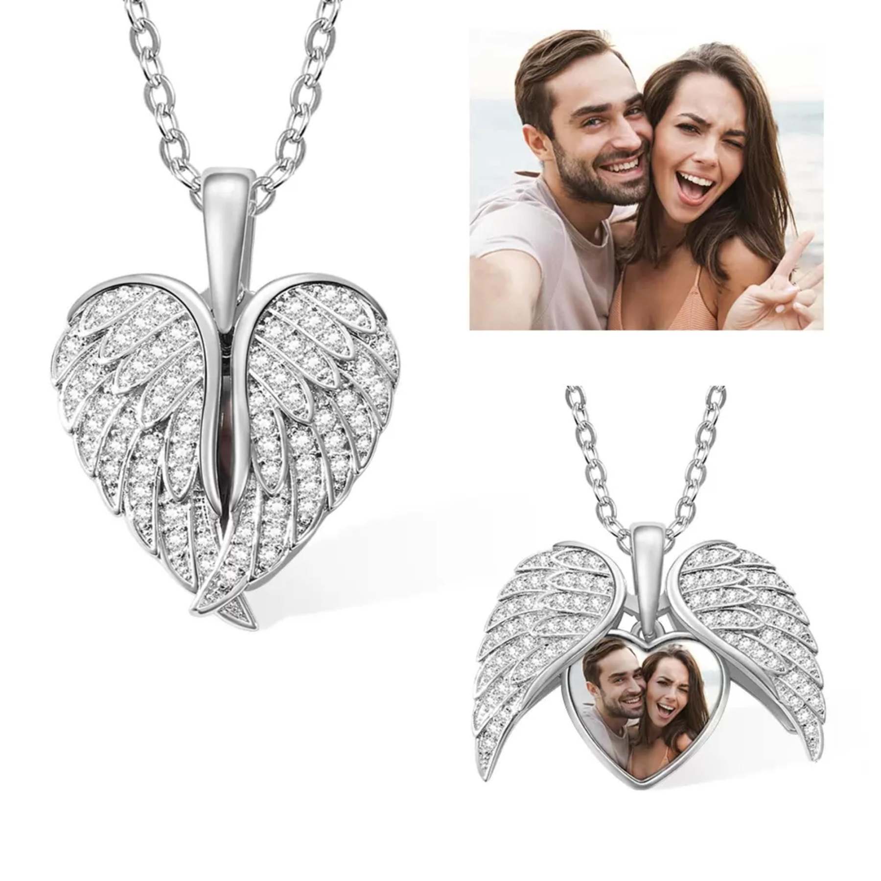 Personalized Heart Shaped Angel Wings Photo Locket Necklace Anniversary Birthday Gift for Women