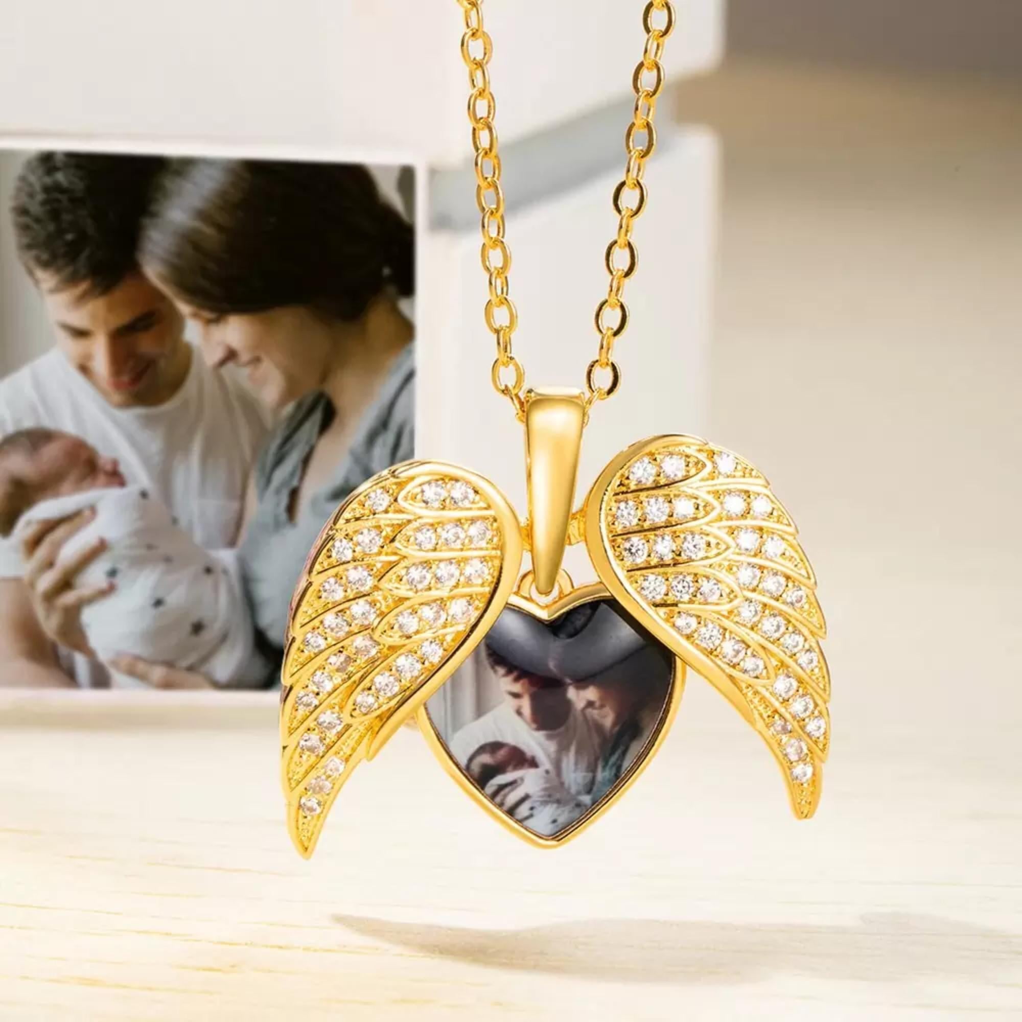 Personalized Heart Shaped Angel Wings Photo Locket Necklace Anniversary Birthday Gift for Women