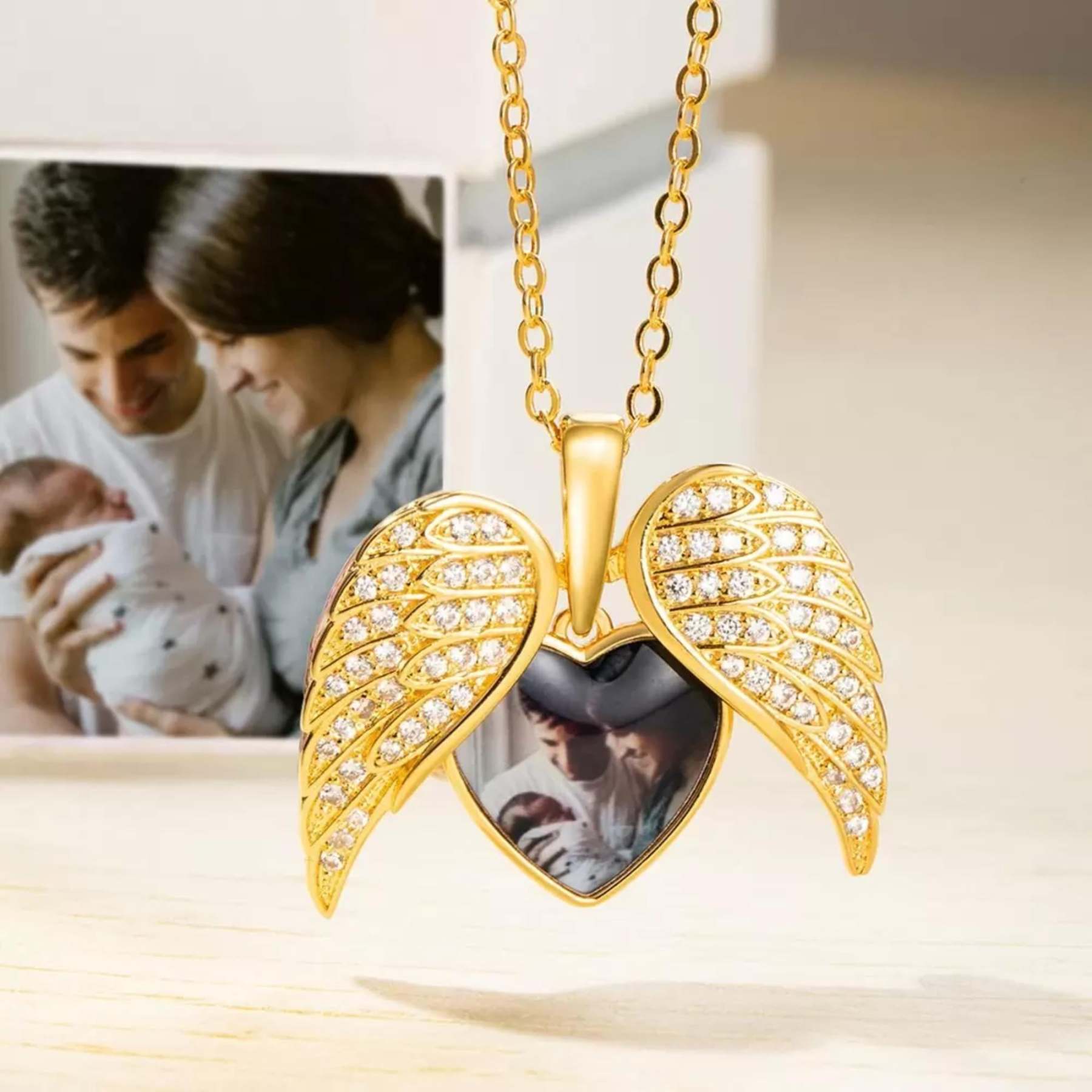 Personalized Heart Shaped Angel Wings Photo Locket Necklace Anniversary Birthday Gift for Women