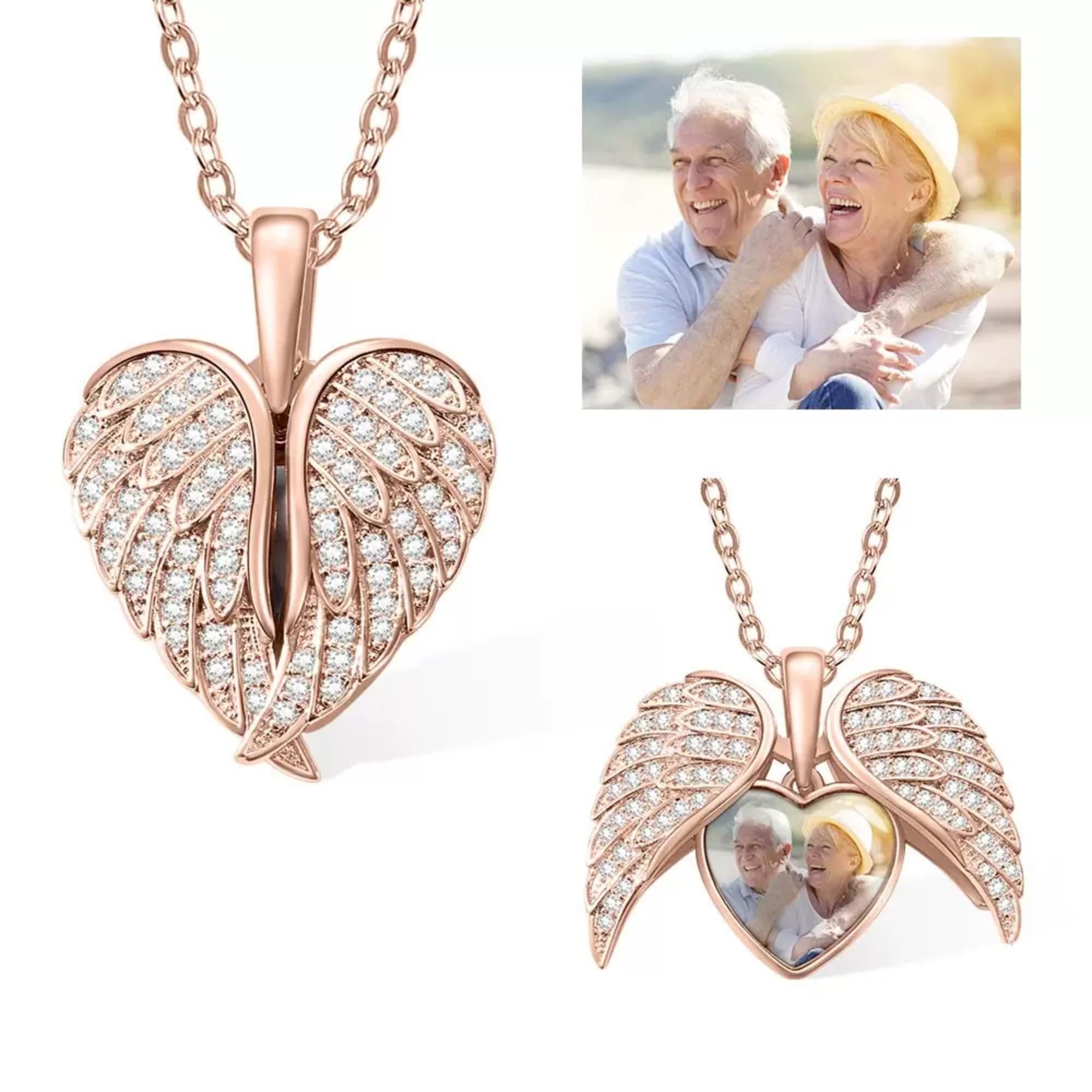 Personalized Heart Shaped Angel Wings Photo Locket Necklace Anniversary Birthday Gift for Women