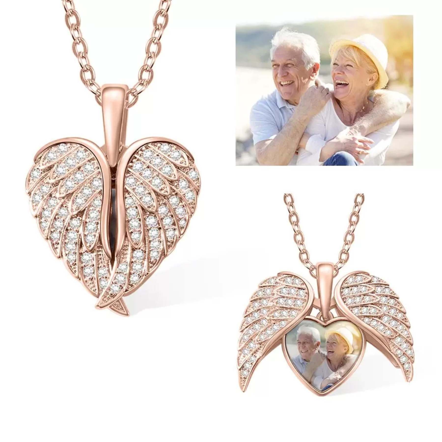 Personalized Heart Shaped Angel Wings Photo Locket Necklace Anniversary Birthday Gift for Women