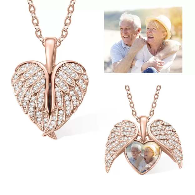 Personalized Heart Shaped Angel Wings Photo Locket Necklace Anniversary Birthday Gift for Women
