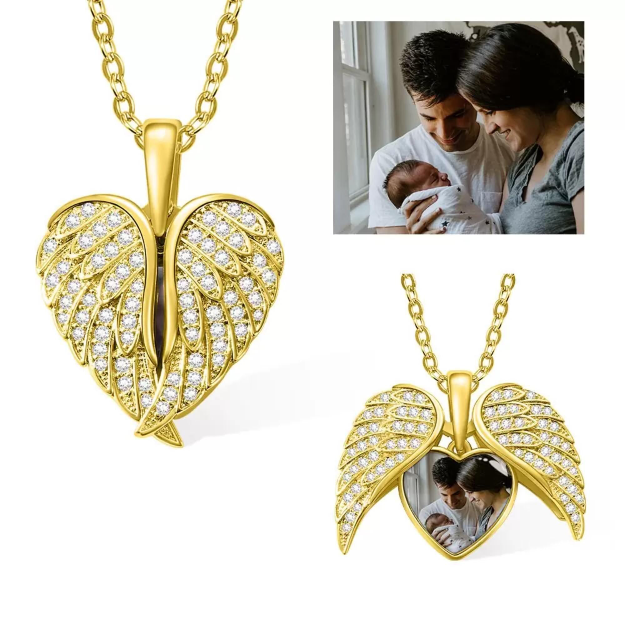 Personalized Heart Shaped Angel Wings Photo Locket Necklace Anniversary Birthday Gift for Women