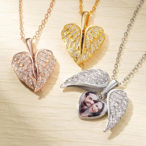 Personalized Heart Shaped Angel Wings Photo Locket Necklace Anniversary Birthday Gift for Women