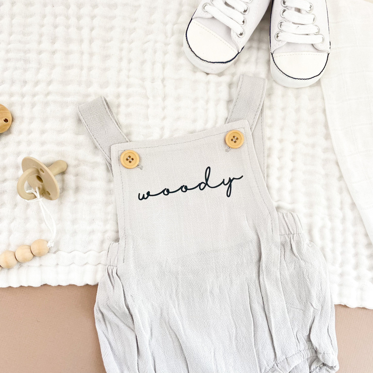 Personalised Name Baby Overalls Linen Bodysuit