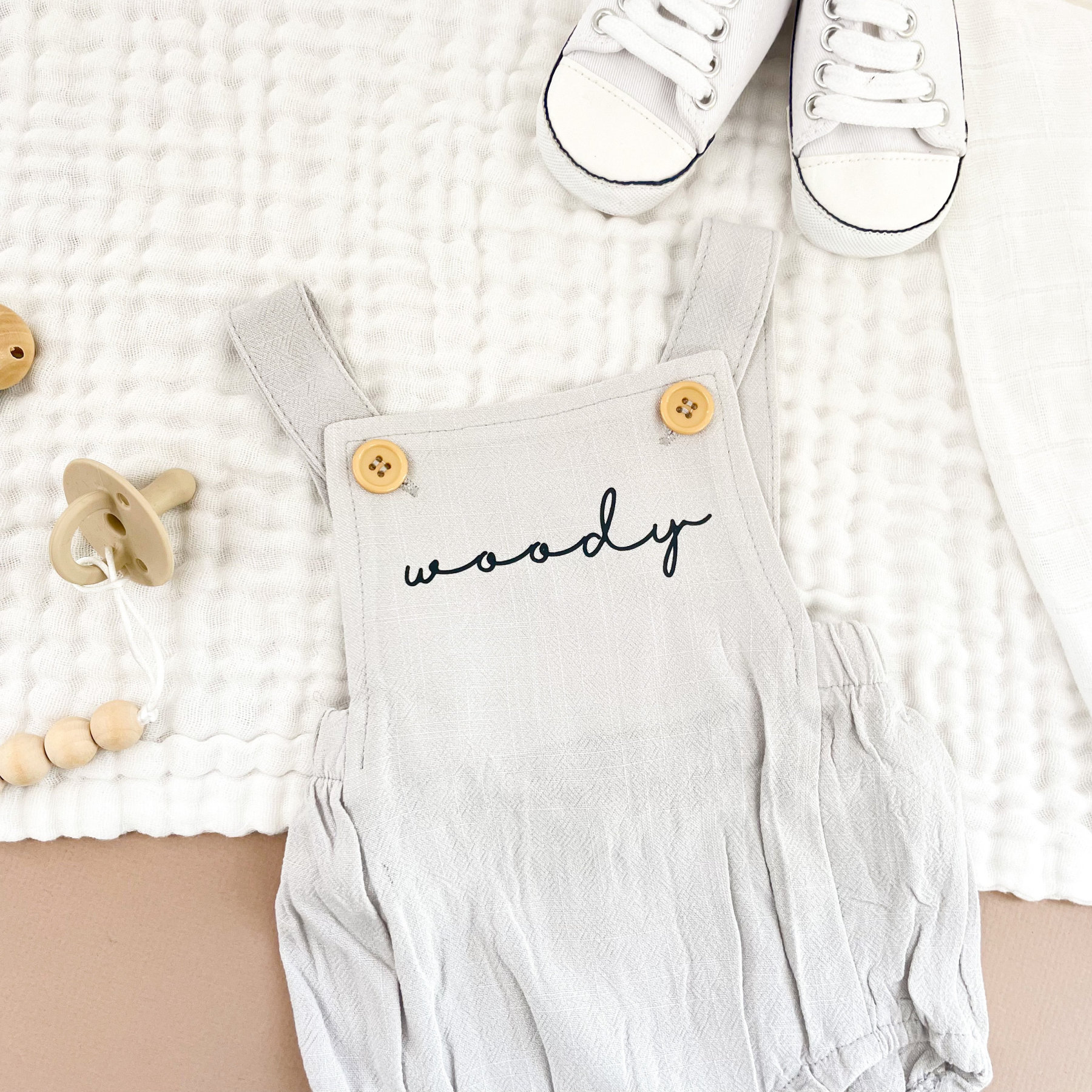 Personalised Name Baby Overalls Linen Bodysuit
