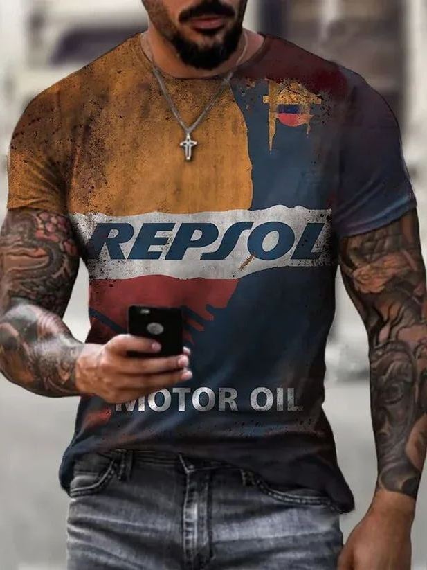 Retro Engine Oil Rust Plate Print T-Shirt