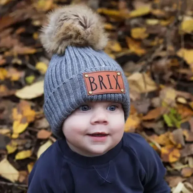 5 Colors Personalized Knitted PomPom Hat(Vegan Leather Patch)