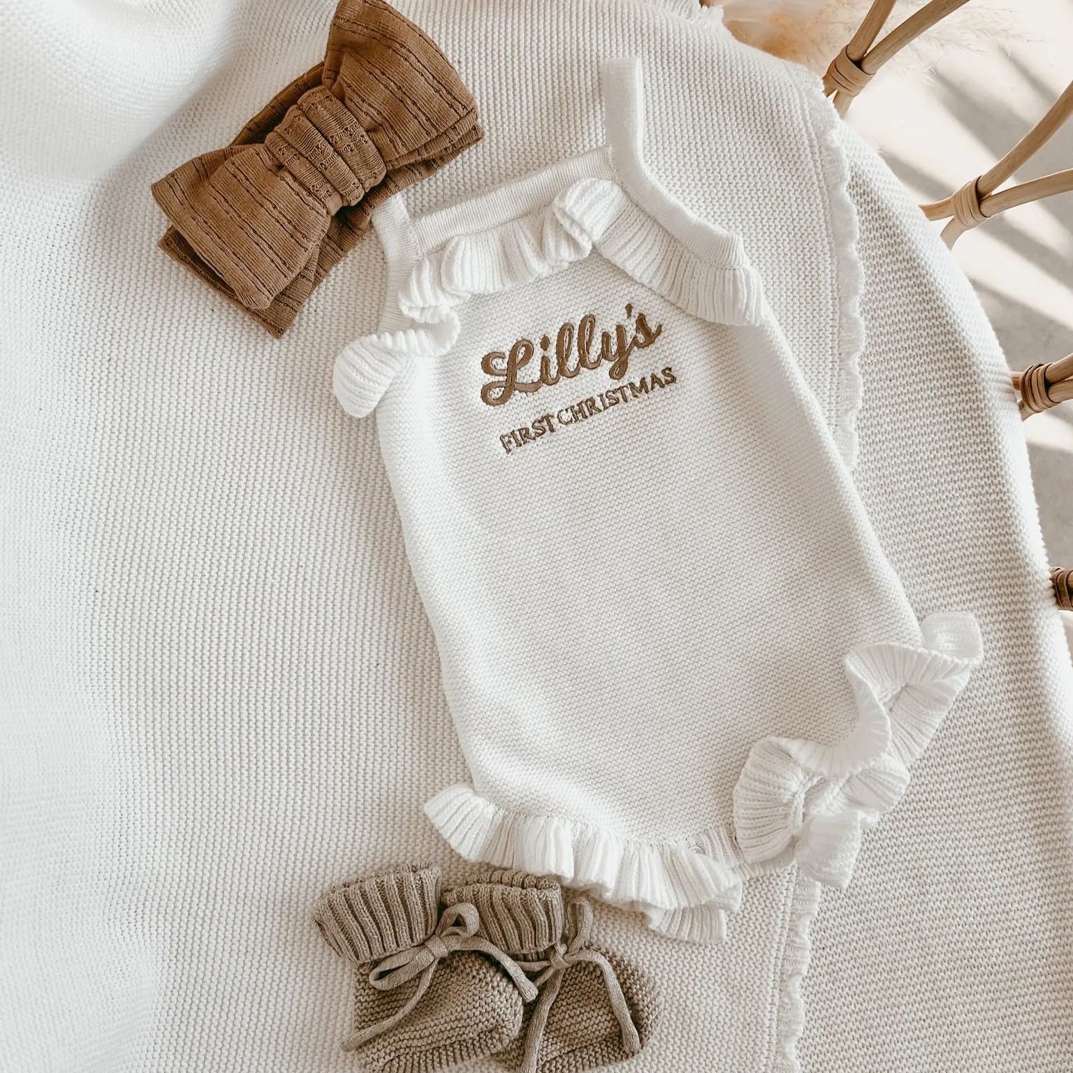 Personalised First Christmas Frill Knit Romper - Milk