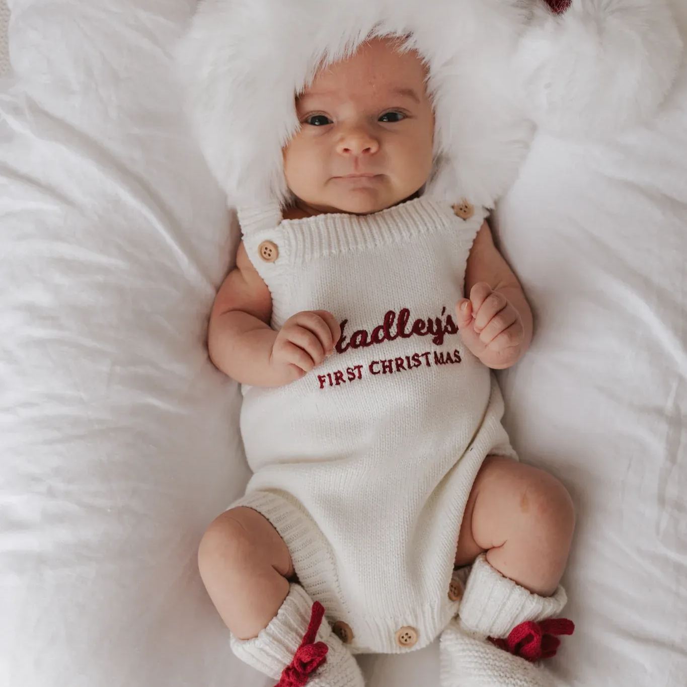 Personalised First Christmas Singlet Knit Romper - Milk