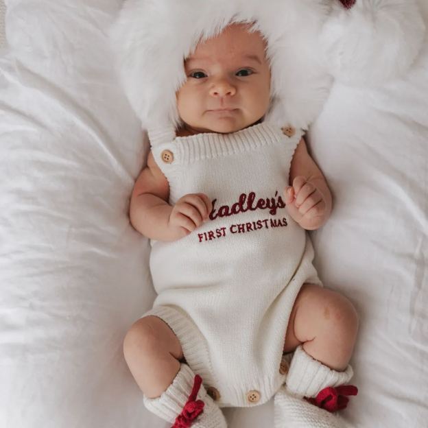 Personalised First Christmas Singlet Knit Romper - Milk