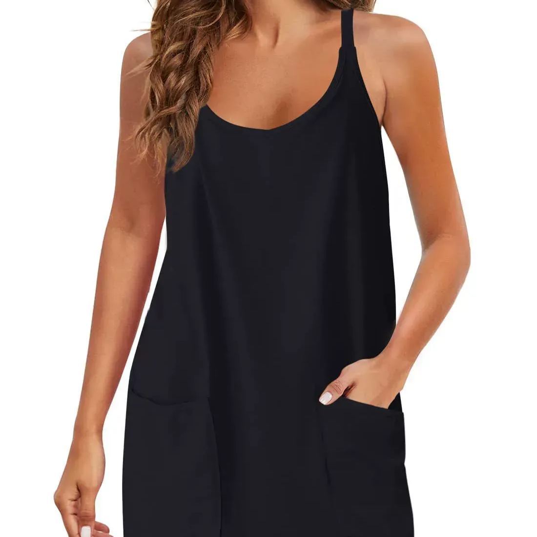 Summer Solid Color Sleeveless Spaghetti Strap Tank Dress Athletic Short Dresses