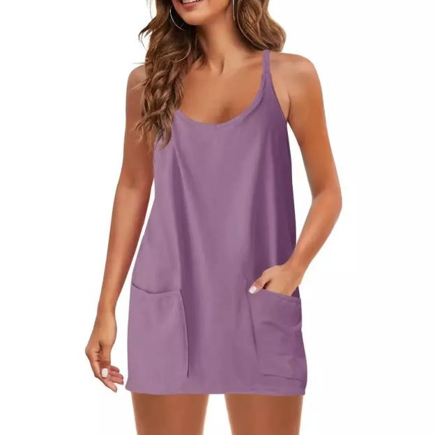 Summer Solid Color Sleeveless Spaghetti Strap Tank Dress Athletic Short Dresses