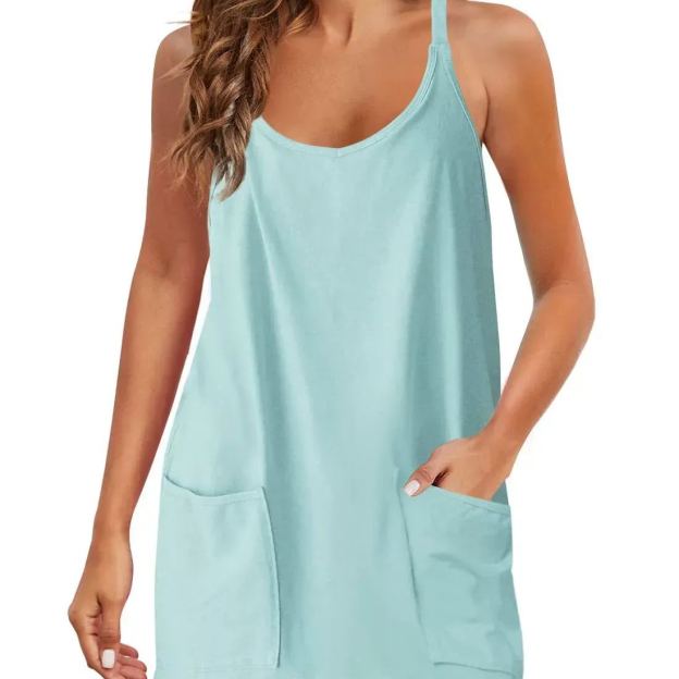 Summer Solid Color Sleeveless Spaghetti Strap Tank Dress Athletic Short Dresses