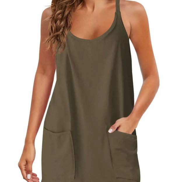 Summer Solid Color Sleeveless Spaghetti Strap Tank Dress Athletic Short Dresses