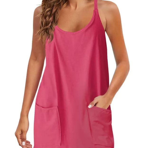 Summer Solid Color Sleeveless Spaghetti Strap Tank Dress Athletic Short Dresses