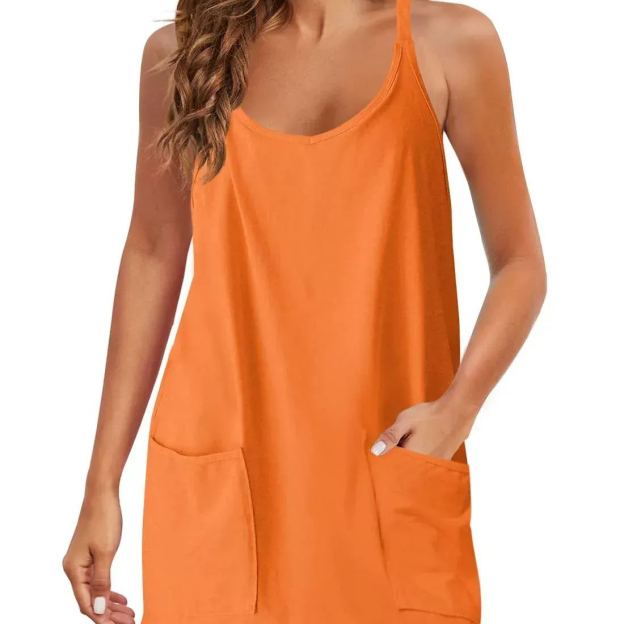 Summer Solid Color Sleeveless Spaghetti Strap Tank Dress Athletic Short Dresses