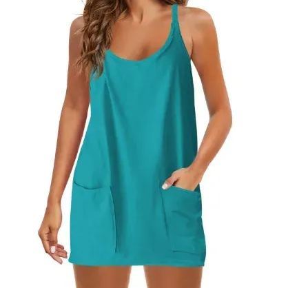Summer Solid Color Sleeveless Spaghetti Strap Tank Dress Athletic Short Dresses