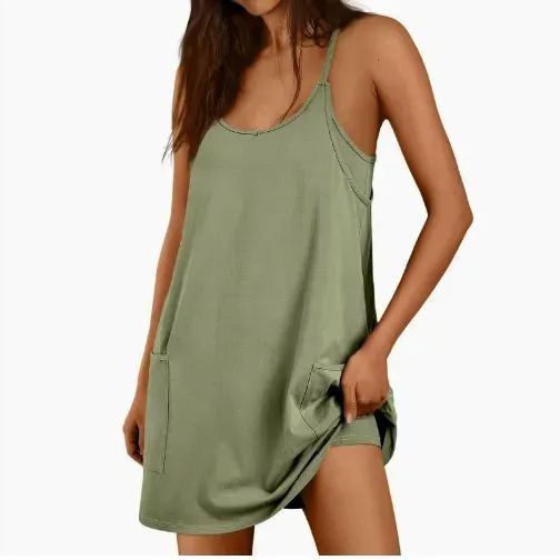 Summer Solid Color Sleeveless Spaghetti Strap Tank Dress Athletic Short Dresses