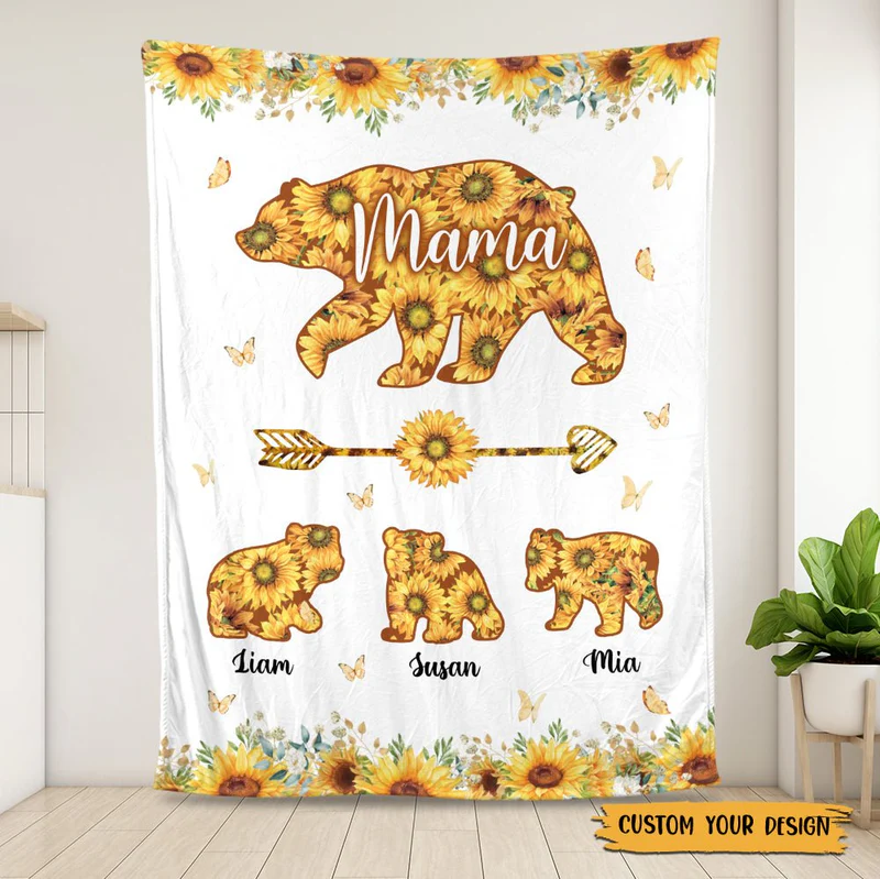 Personalized Mom Blanket - Mama Bear Sunflower - Gift For Mother's Day