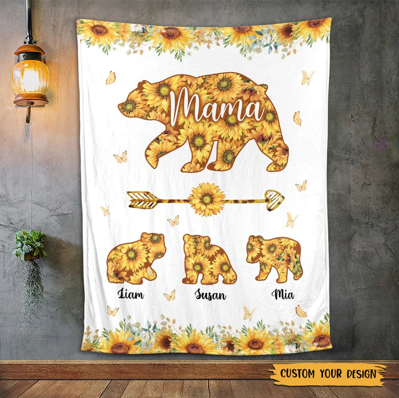 Personalized Mom Blanket - Mama Bear Sunflower - Gift For Mother's Day