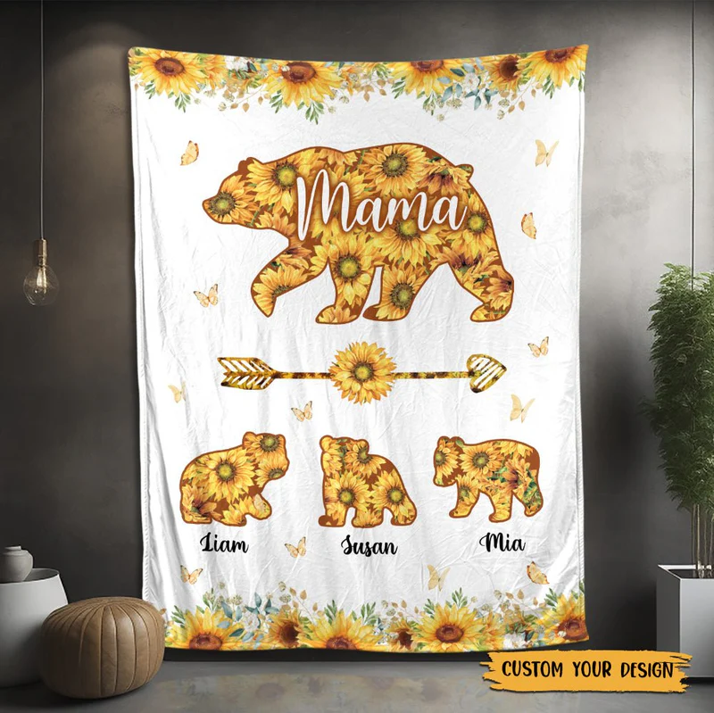 Personalized Mom Blanket - Mama Bear Sunflower - Gift For Mother's Day