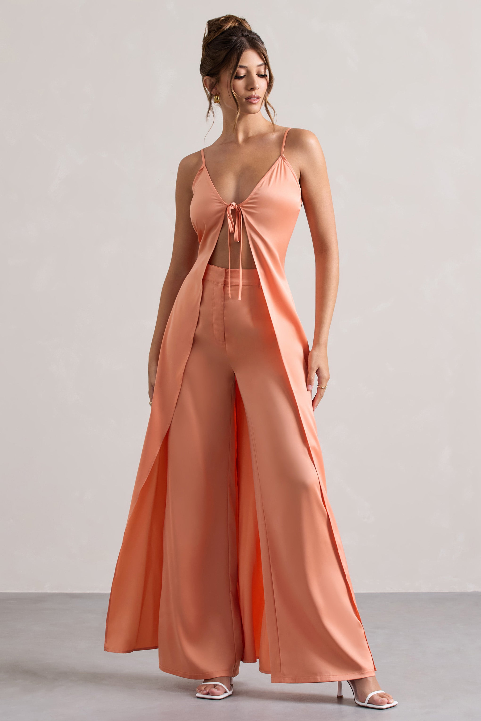 Peach Satin Longline Cami Top With Split Front