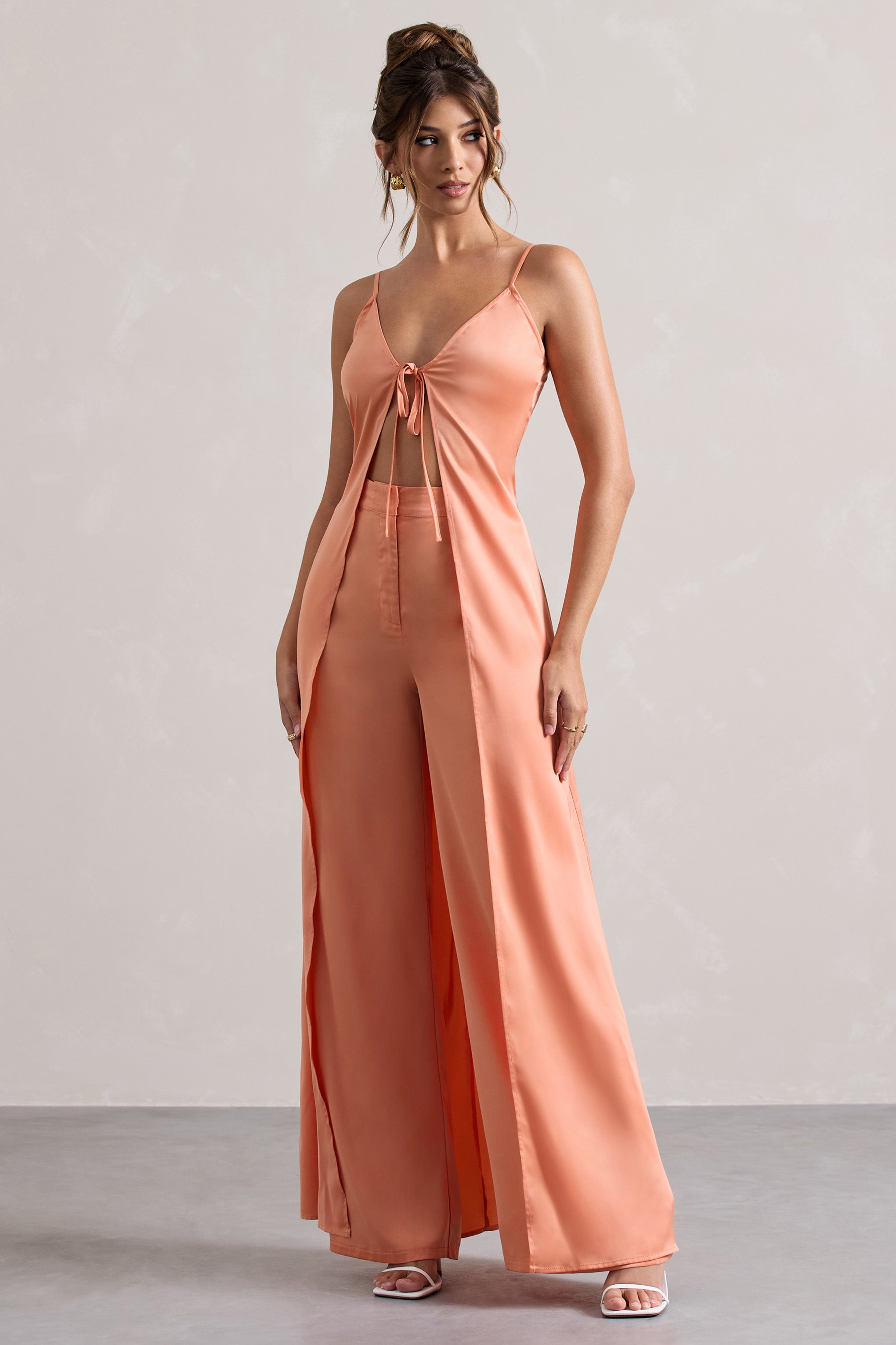 Peach Satin Longline Cami Top With Split Front