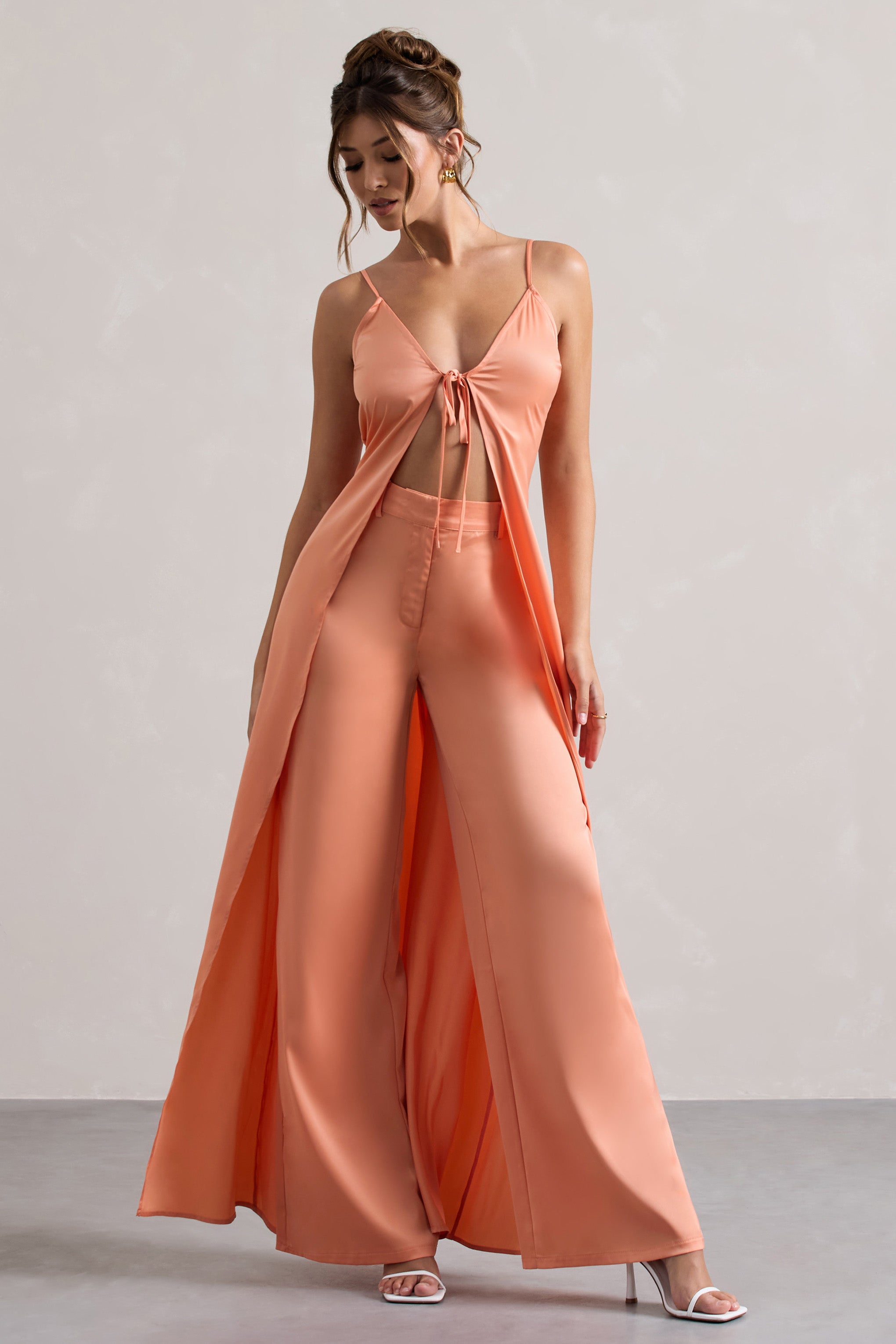 Peach Satin Longline Cami Top With Split Front