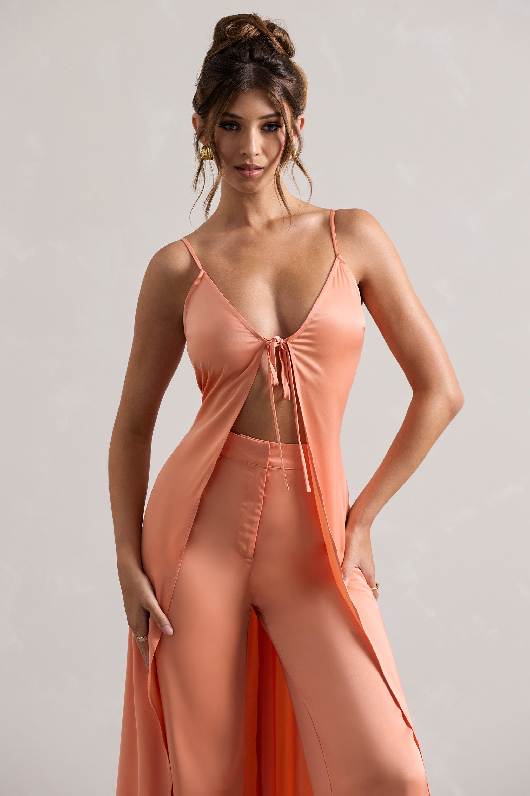 Peach Satin Longline Cami Top With Split Front