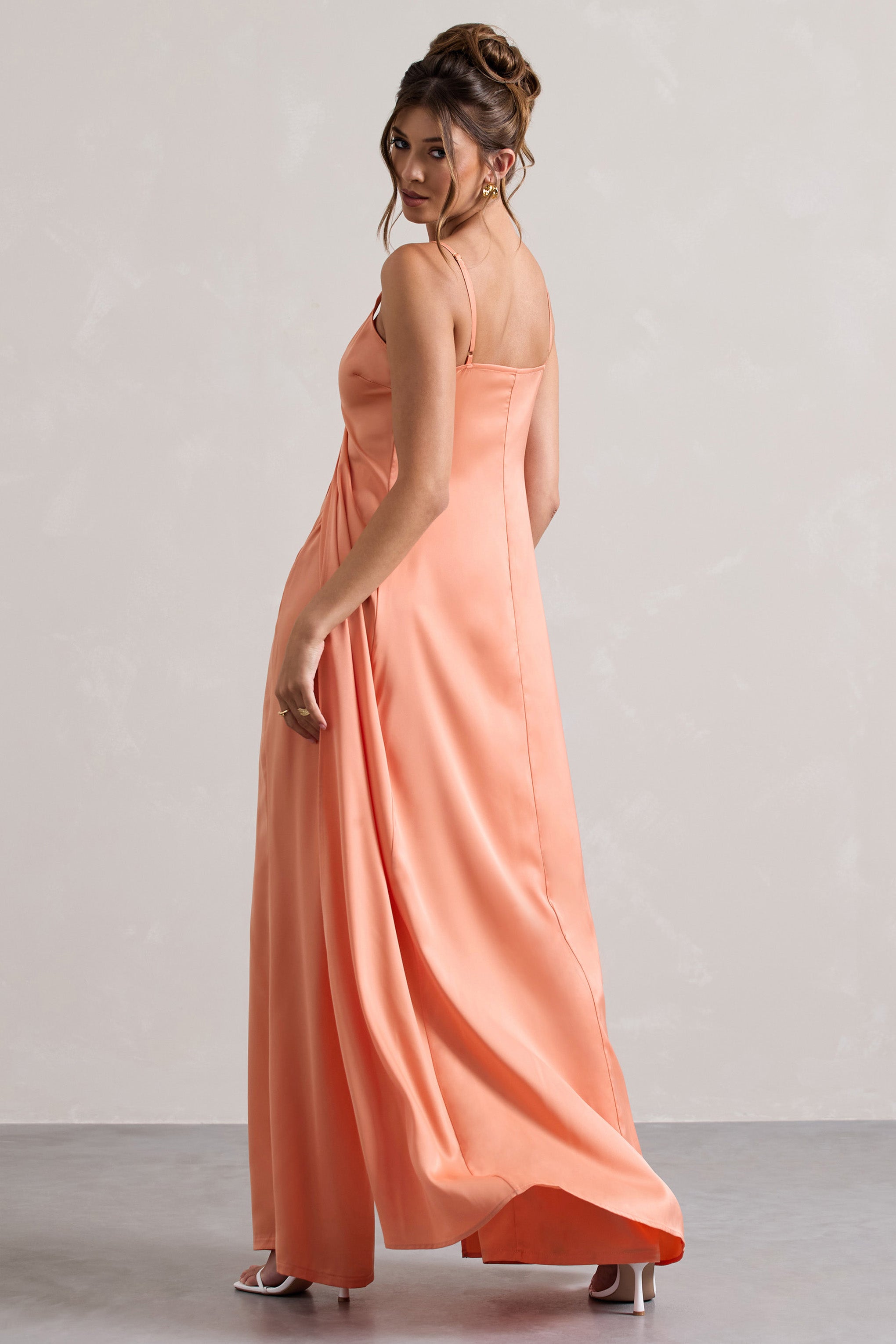 Peach Satin Longline Cami Top With Split Front