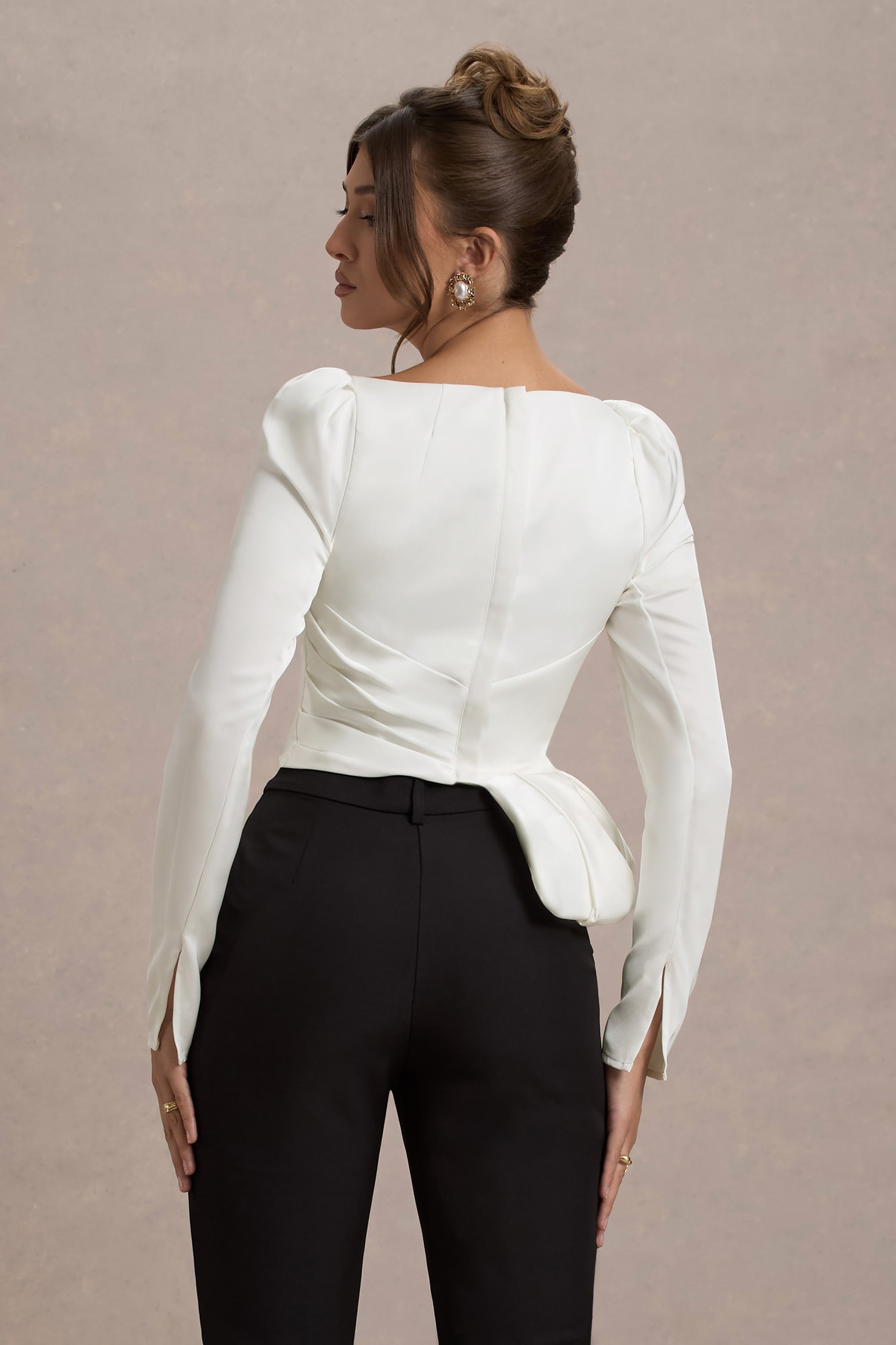  Ecru Satin Asymmetric Plunge-Neck Top With Ruffle