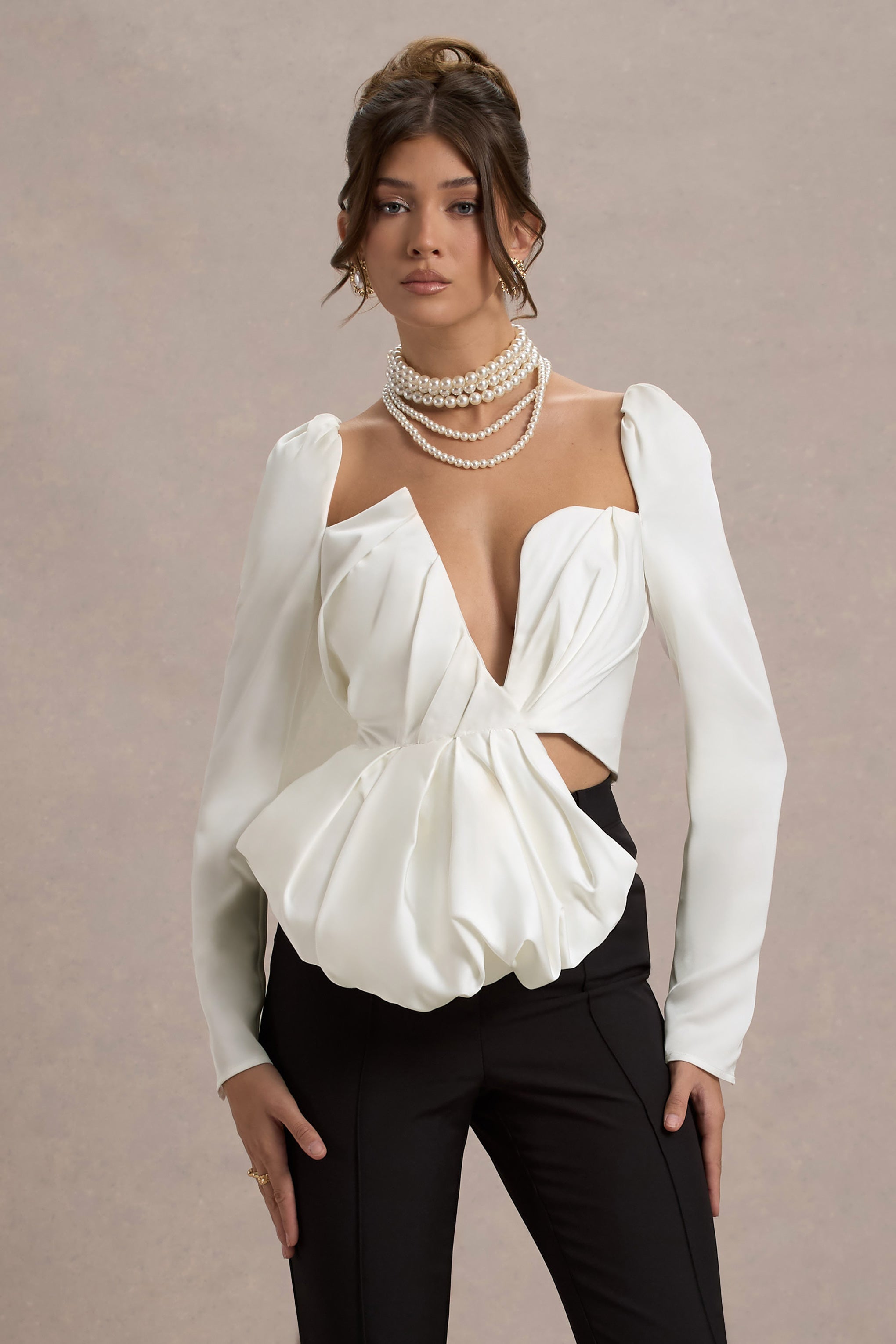  Ecru Satin Asymmetric Plunge-Neck Top With Ruffle