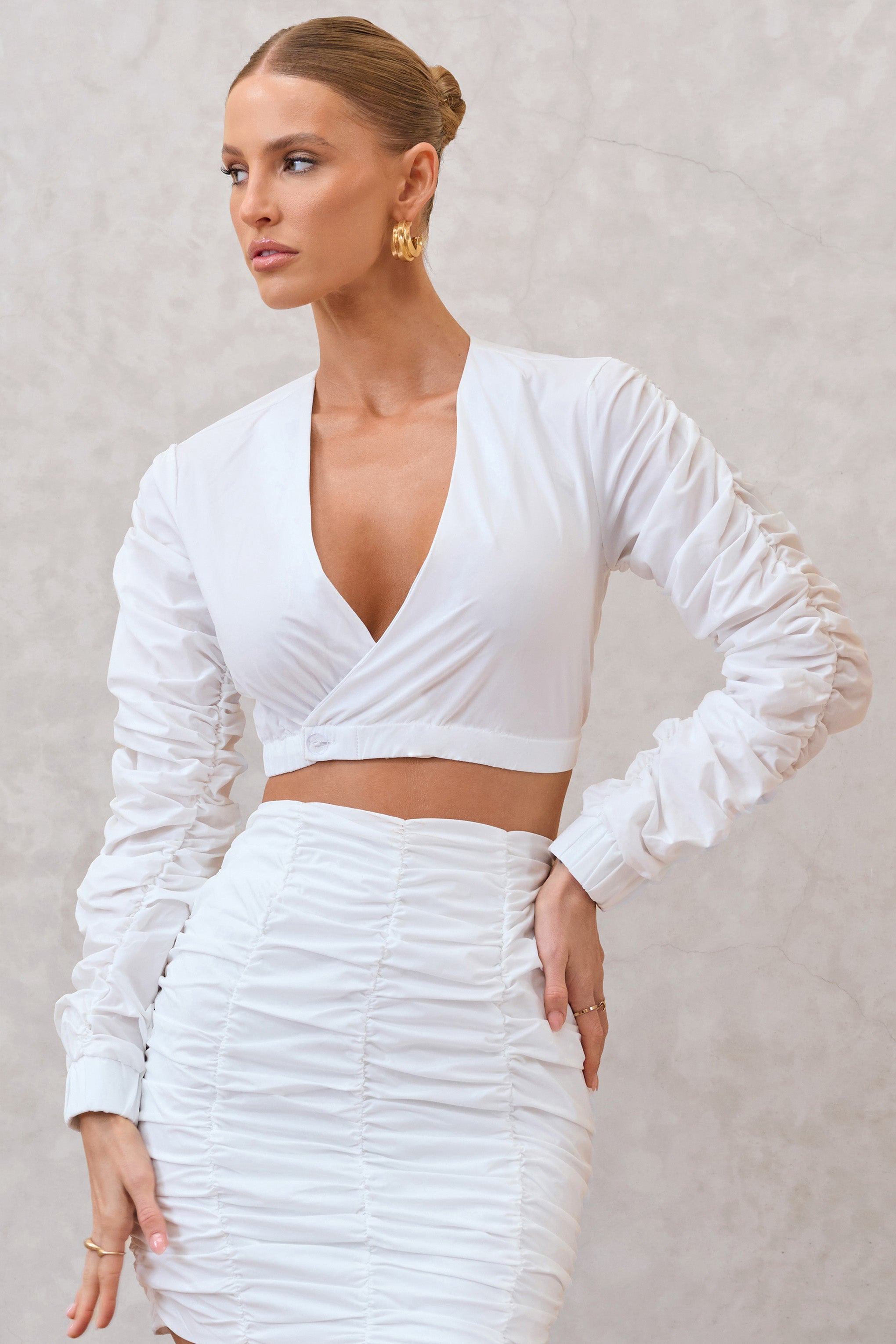 White Ruched Sleeve Wrap Detail Cropped Shirt