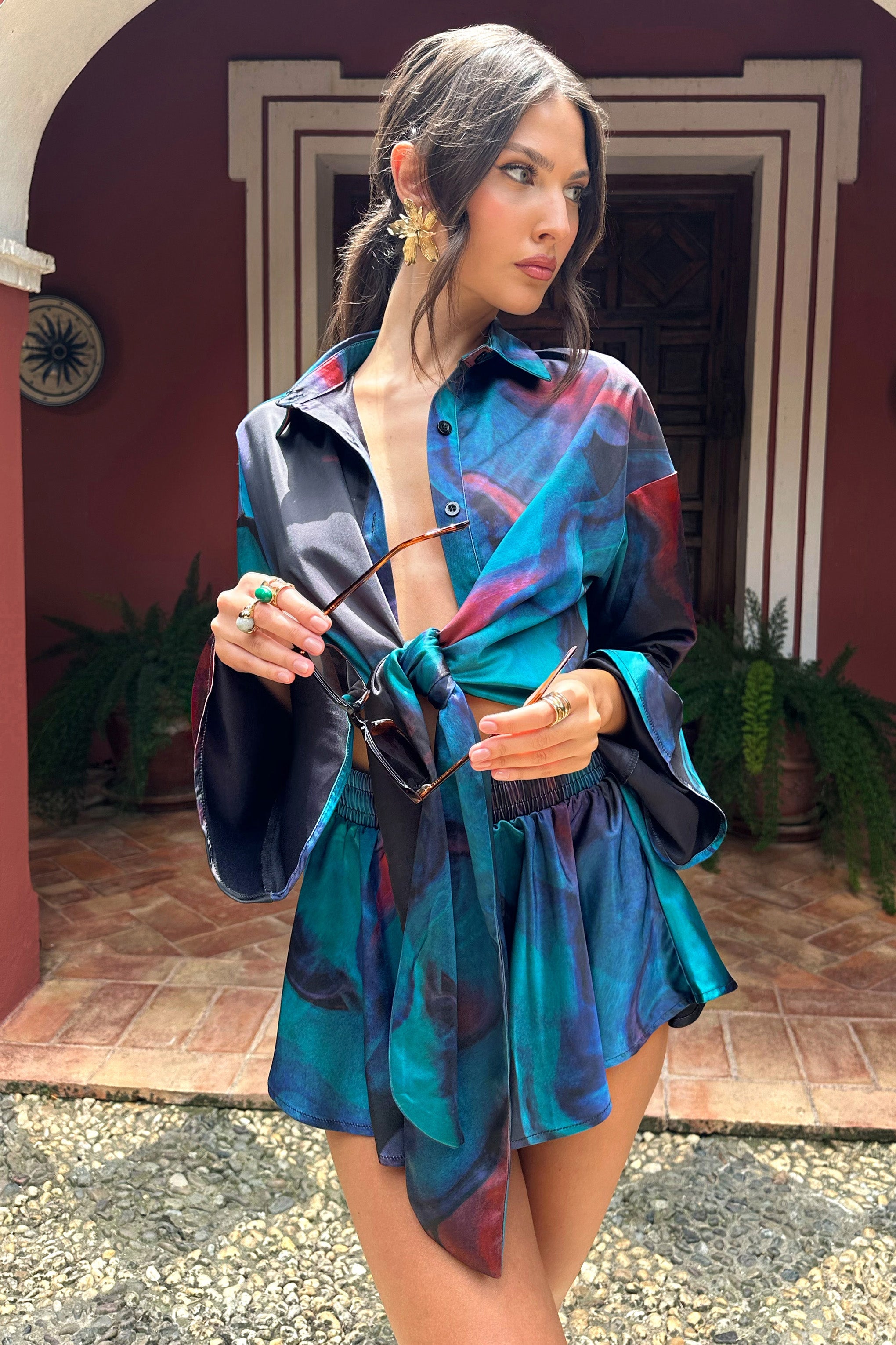 Blue Print Satin Flared Sleeve Cropped  Shirt