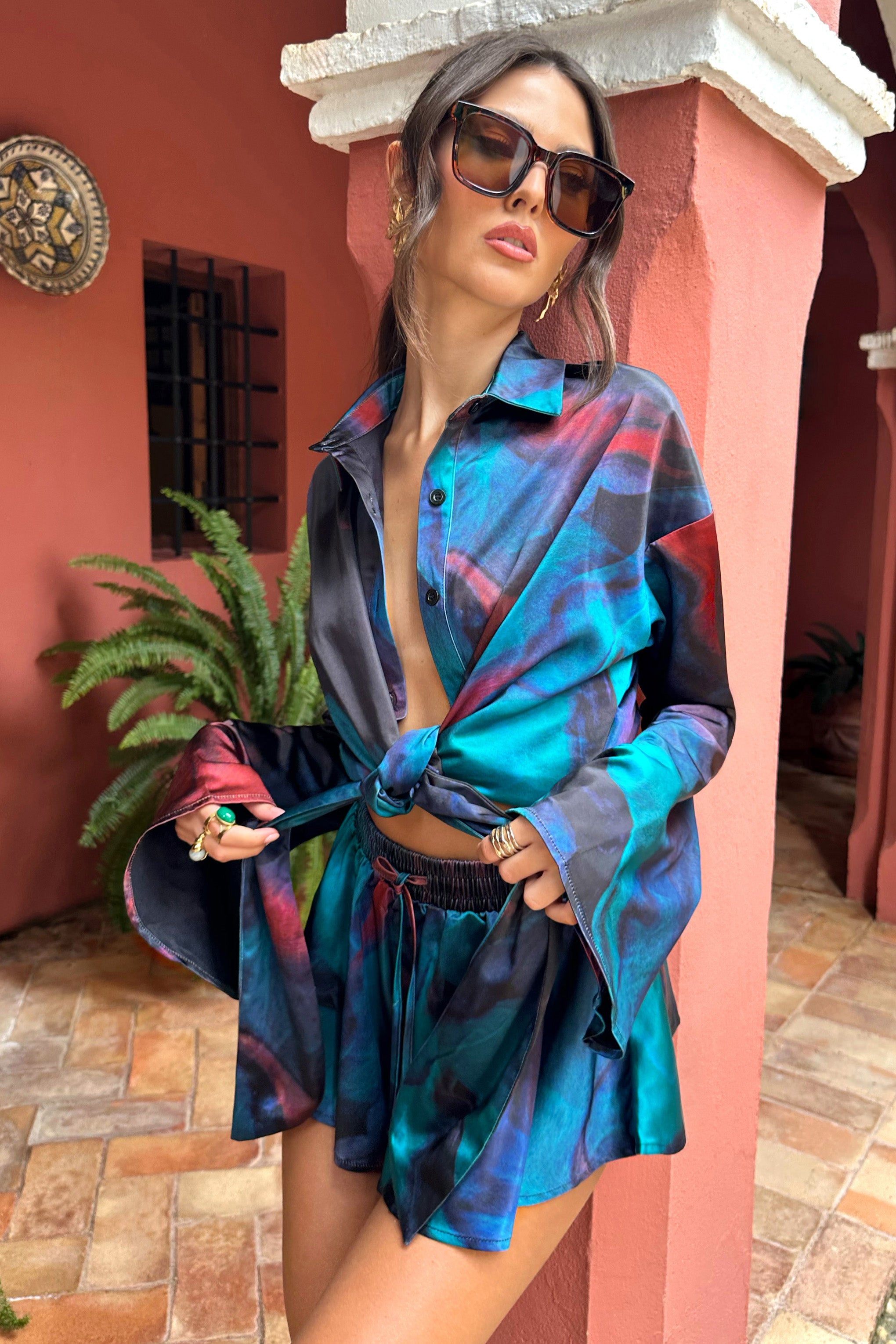 Blue Print Satin Flared Sleeve Cropped  Shirt