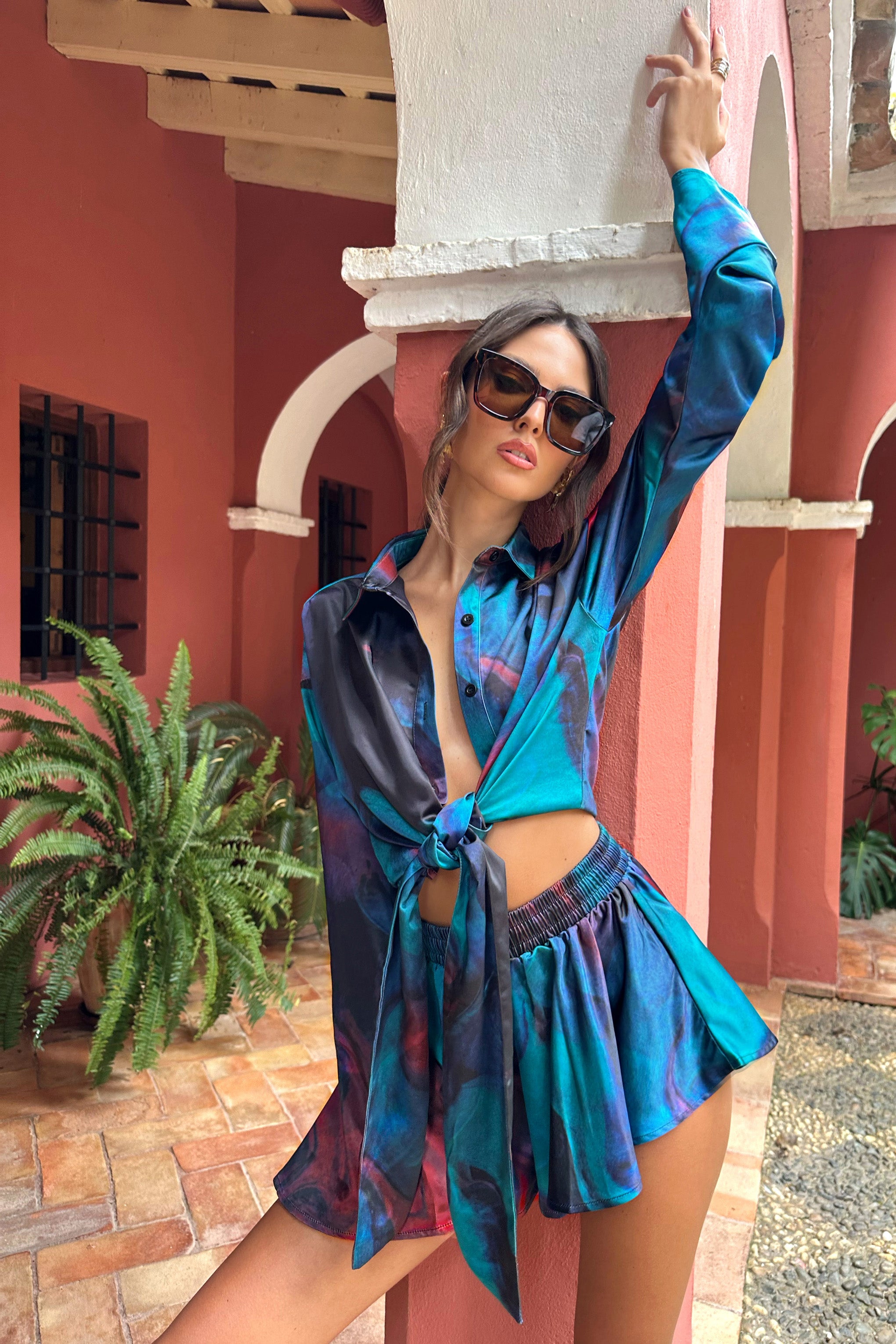 Blue Print Satin Flared Sleeve Cropped  Shirt