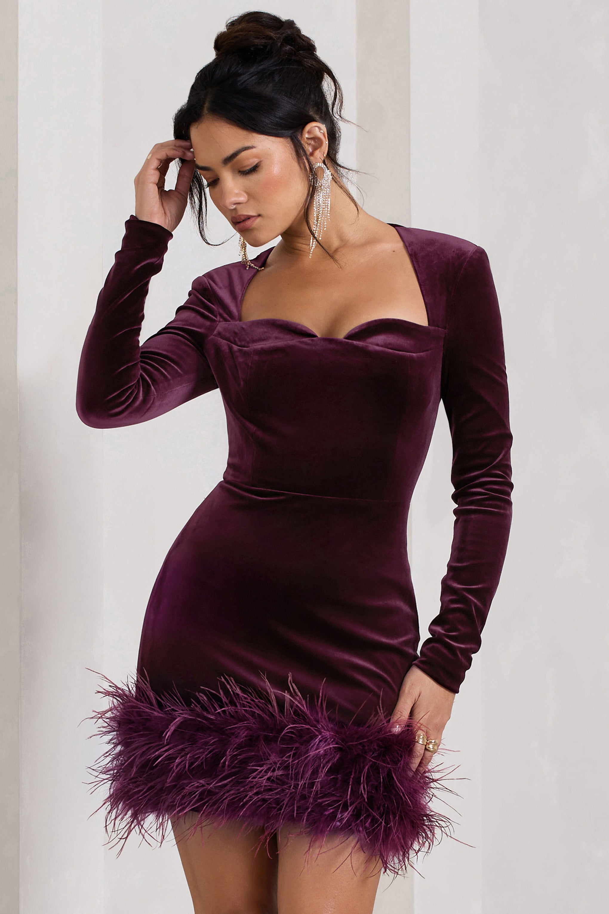 Port Velvet Long-Sleeved Feather Mini Dress