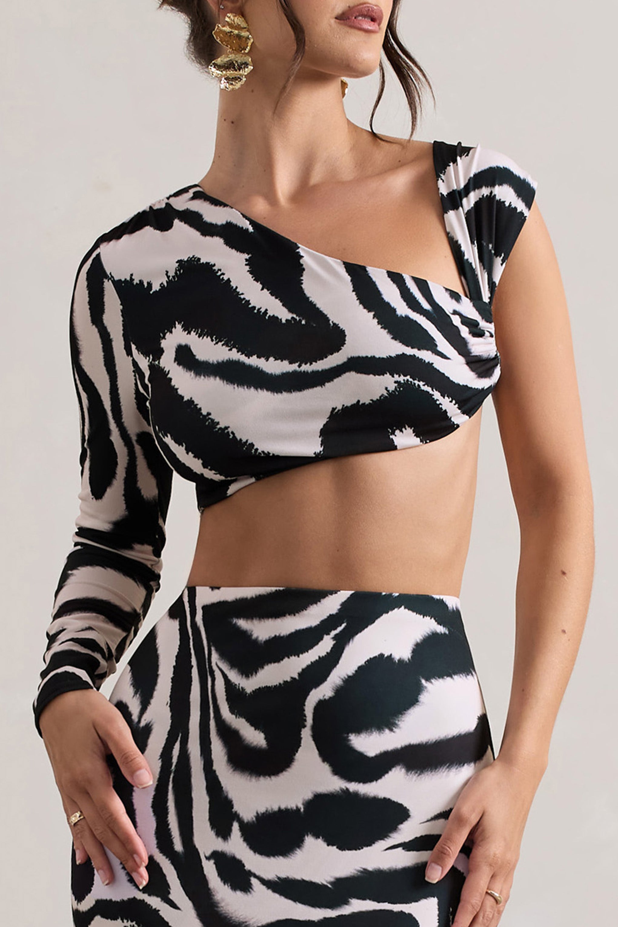  Zebra Print Ruched Asymmetric One-Sleeve Crop Top
