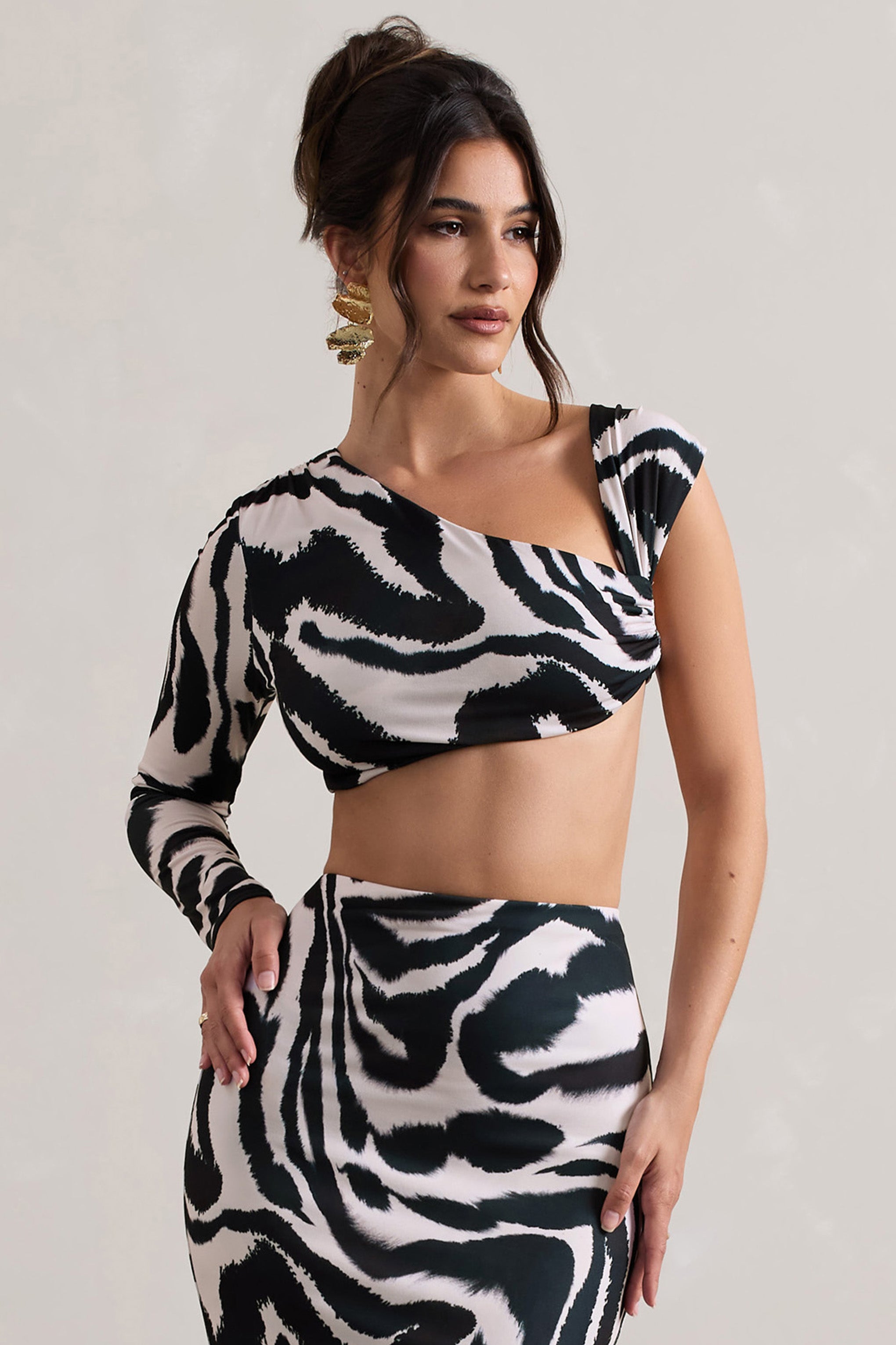  Zebra Print Ruched Asymmetric One-Sleeve Crop Top